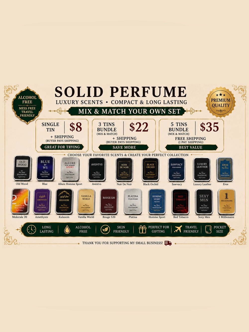 Bundle of 3 Alcohol-Free Solid Perfume Tins (15g) • Choose 3 by Number • New